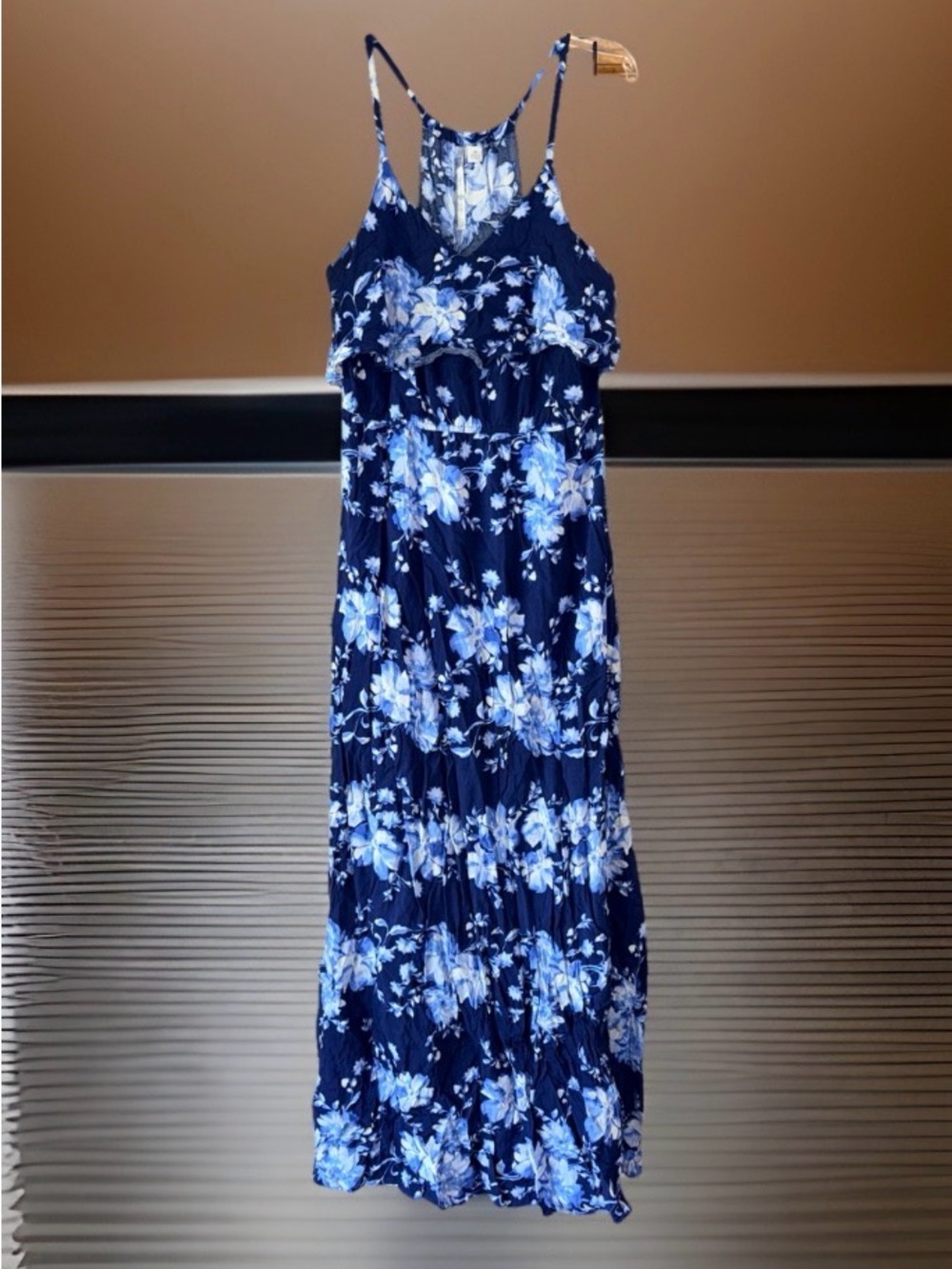 NwoT LC Lauren Conrad Navy Floral Ruffle-Front Maxi Dress w/Spaghetti Straps-M